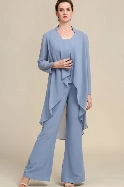 Mangas Compridas Azul Cinza 3 Peça Pant Suits