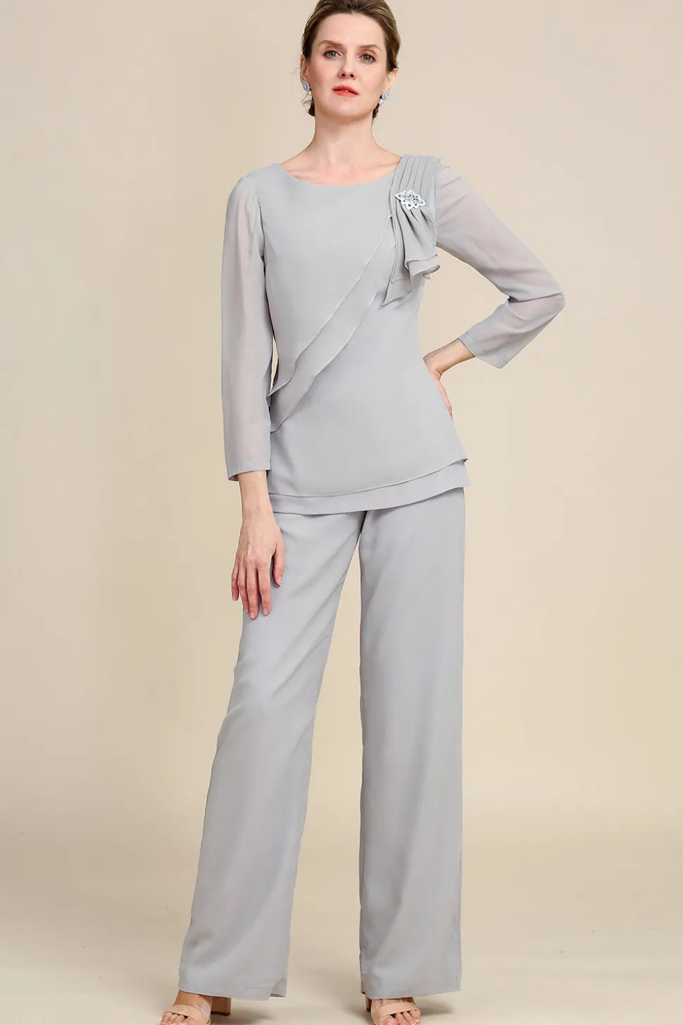Mangas Compridas Cinza 2 Peças Pant Suits