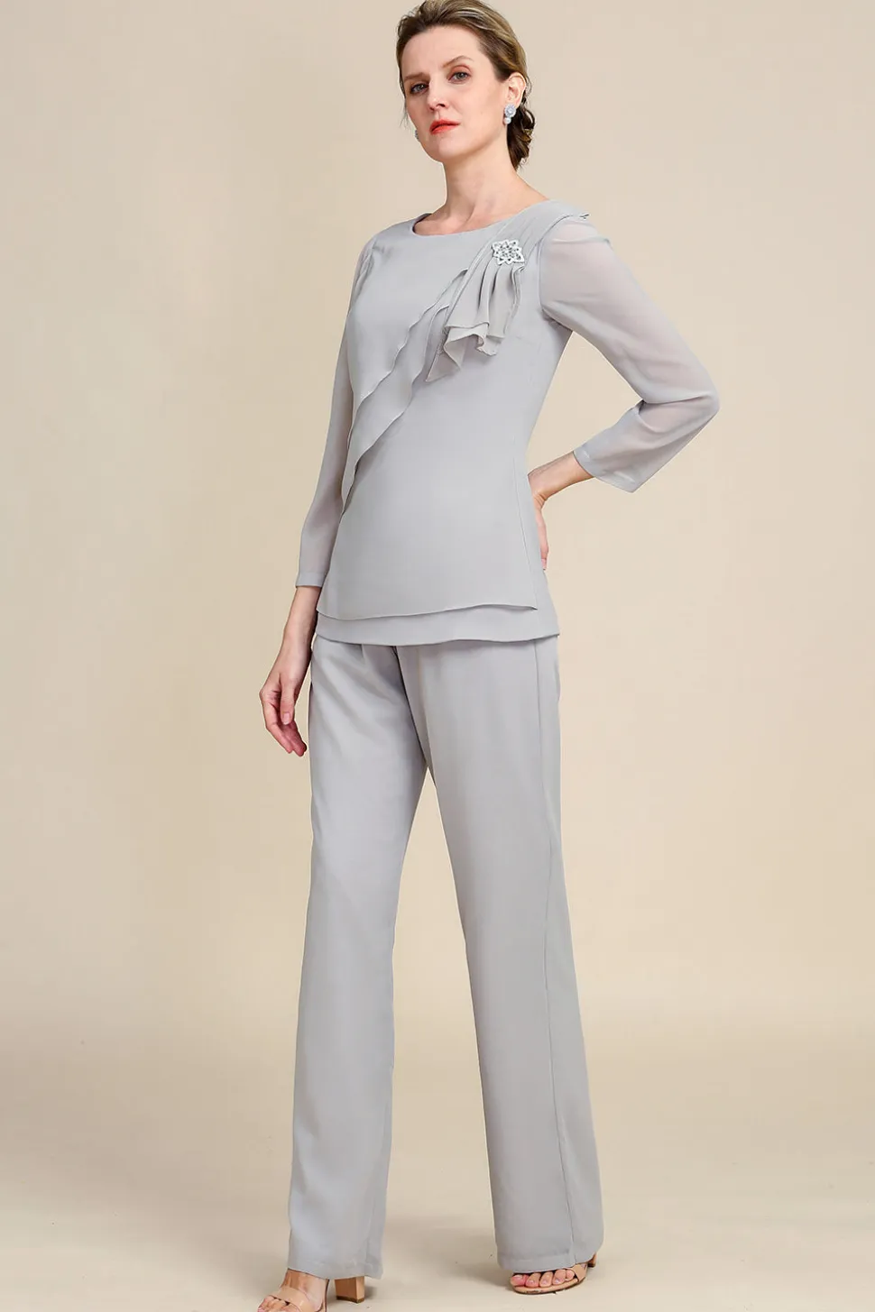 Mangas Compridas Cinza 2 Peças Pant Suits