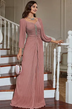 Mangas compridas plissado mãe do vestido de noiva com missangas