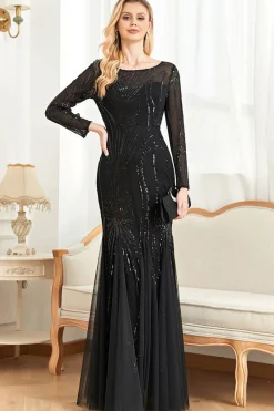 Mangas compridas Sereia Sequins Vestido Formal