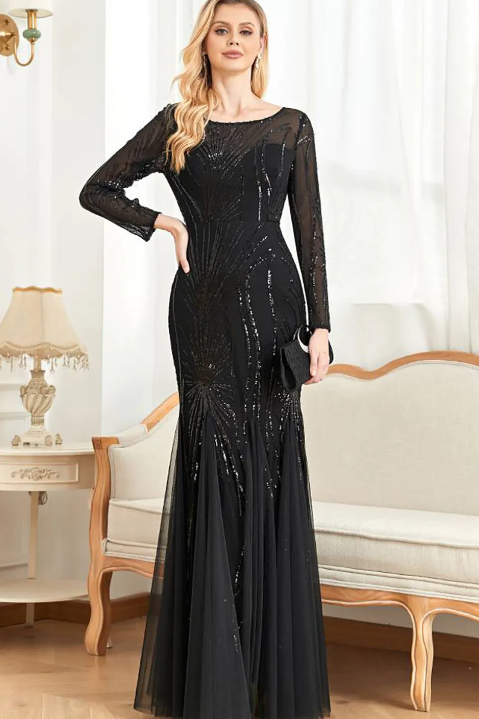 Mangas compridas Sereia Sequins Vestido Formal
