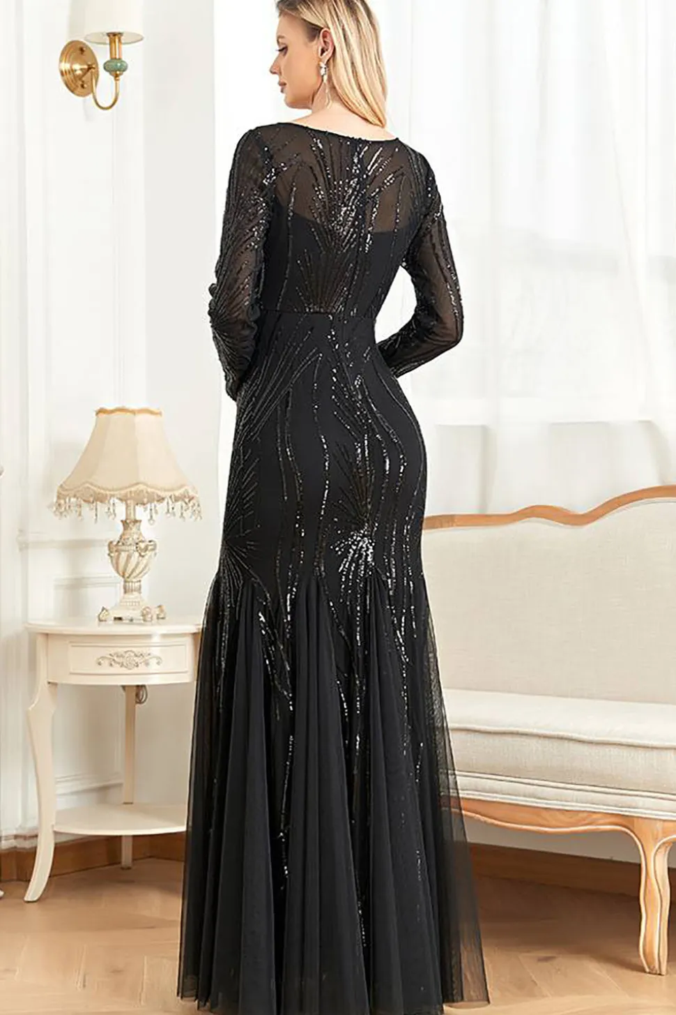 Mangas compridas Sereia Sequins Vestido Formal