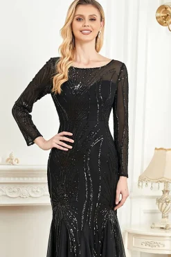 Mangas compridas Sereia Sequins Vestido Formal
