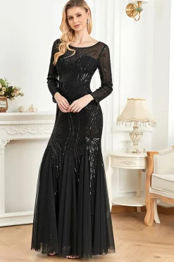Mangas compridas Sereia Sequins Vestido Formal