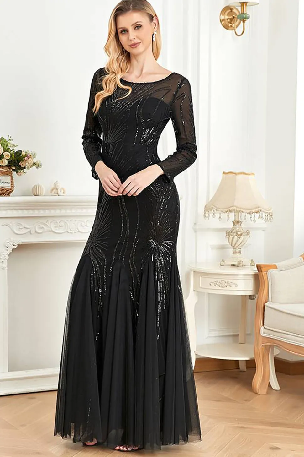 Mangas compridas Sereia Sequins Vestido Formal