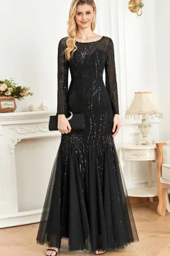 Mangas compridas Sereia Sequins Vestido Formal