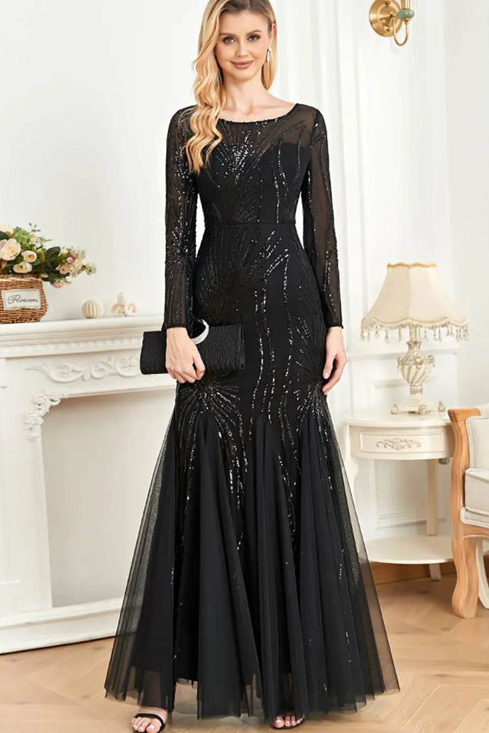 Mangas compridas Sereia Sequins Vestido Formal