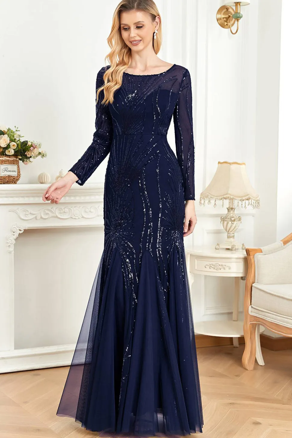 Mangas compridas Sereia Sequins Vestido Formal