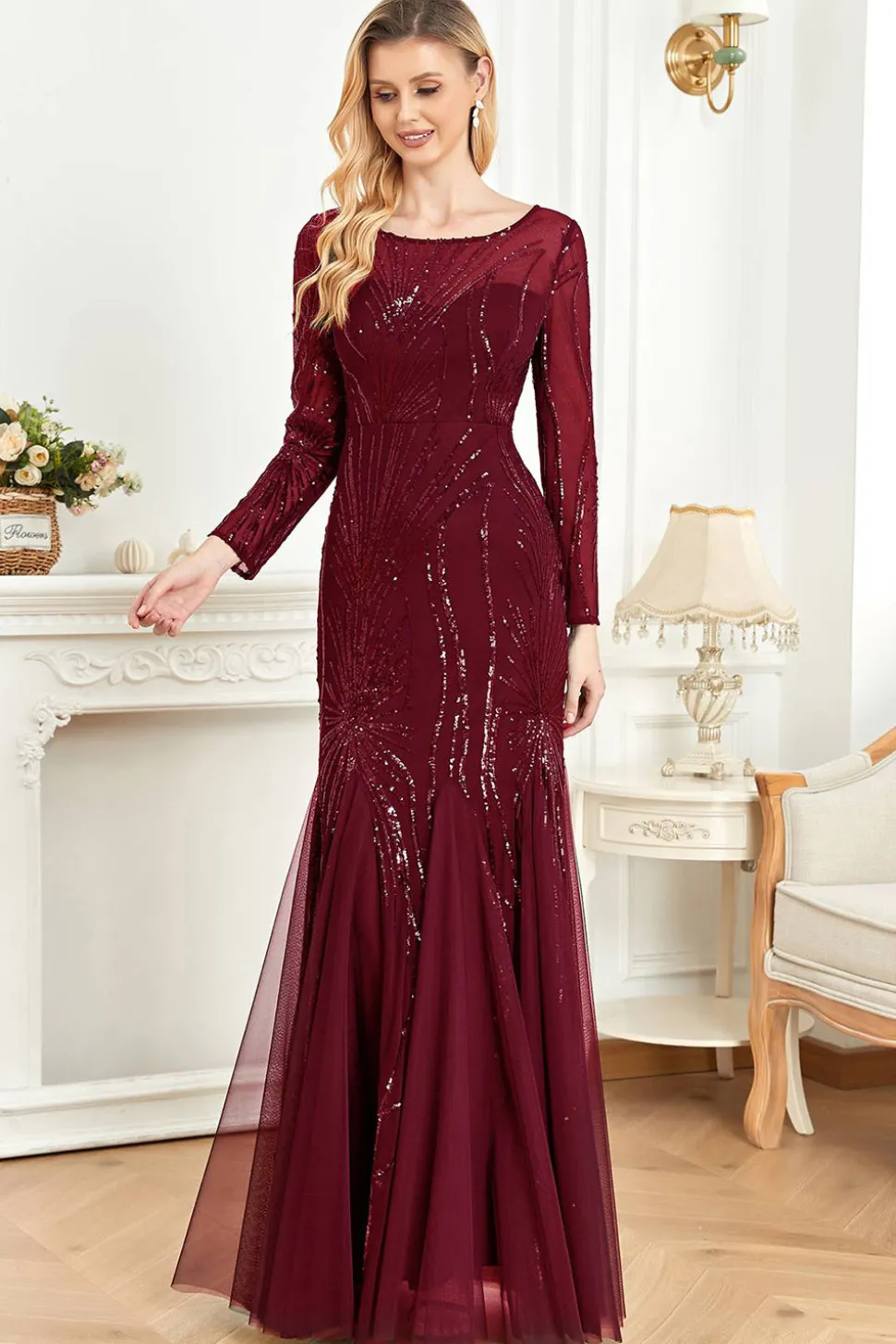 Mangas compridas Sereia Sequins Vestido Formal
