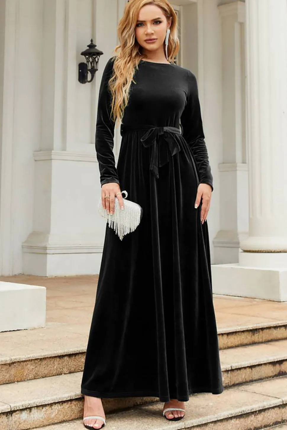 Mangas compridas Uma linha Velvet Holiday Party Dress