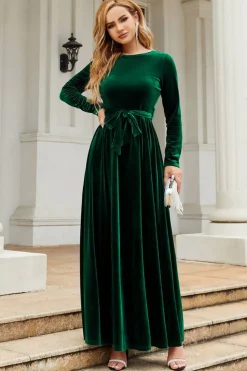 Mangas compridas Uma linha Velvet Holiday Party Dress