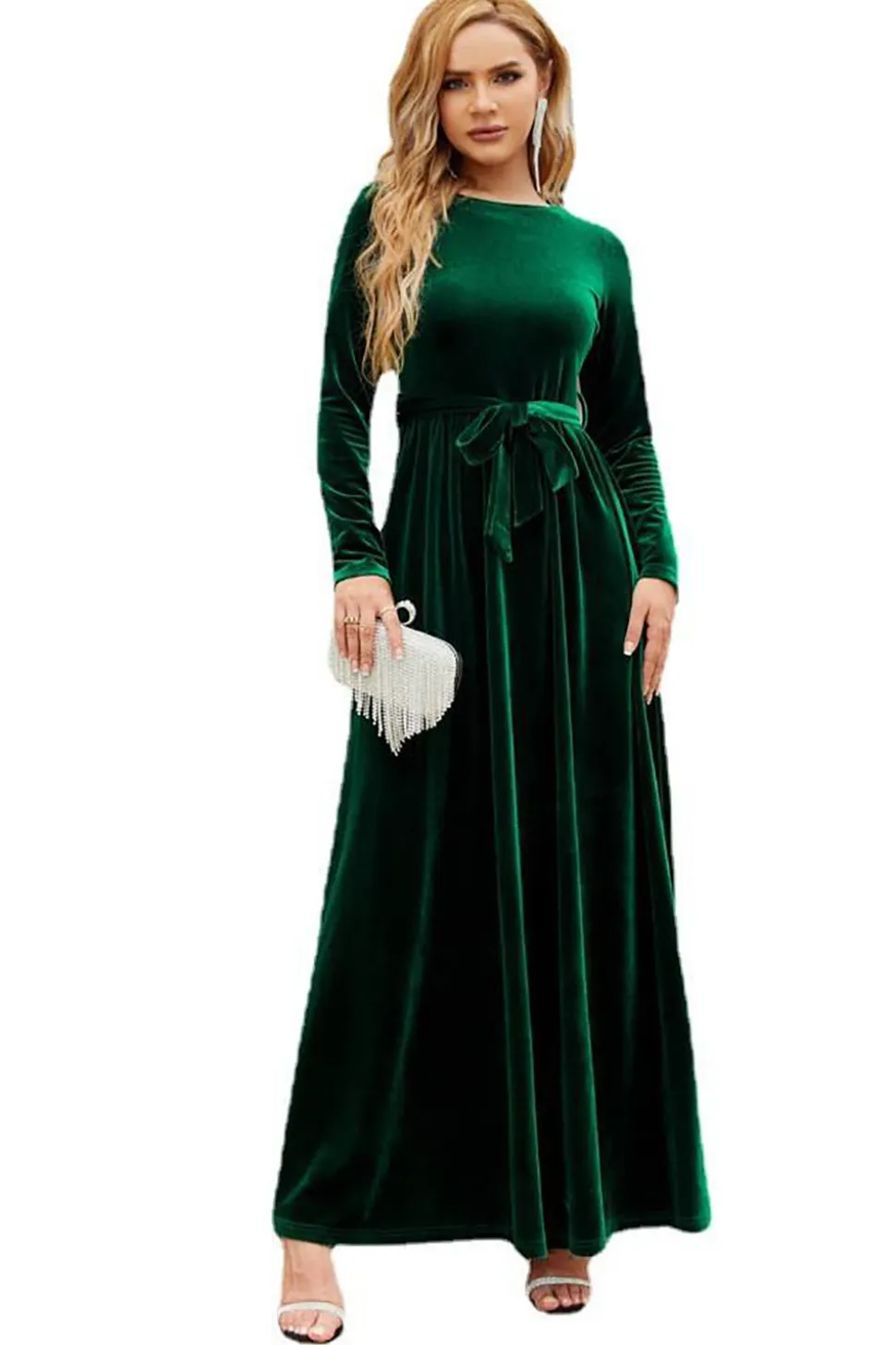 Mangas compridas Uma linha Velvet Holiday Party Dress