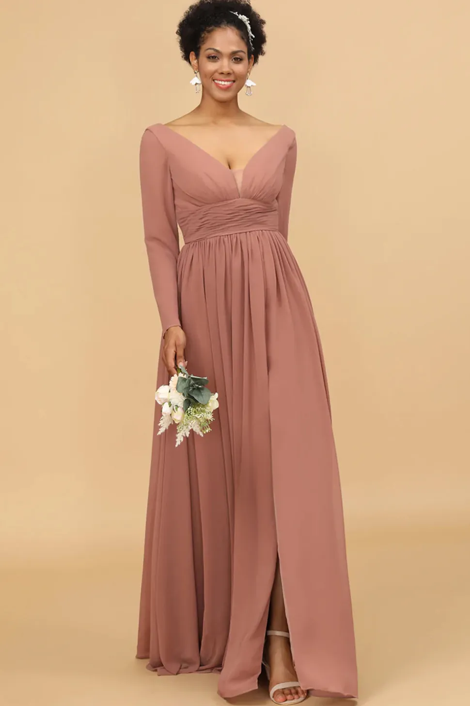 Mangas Compridas Vestido de Dama de Honra Rosa