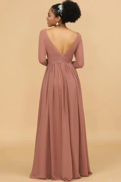 Mangas Compridas Vestido de Dama de Honra Rosa