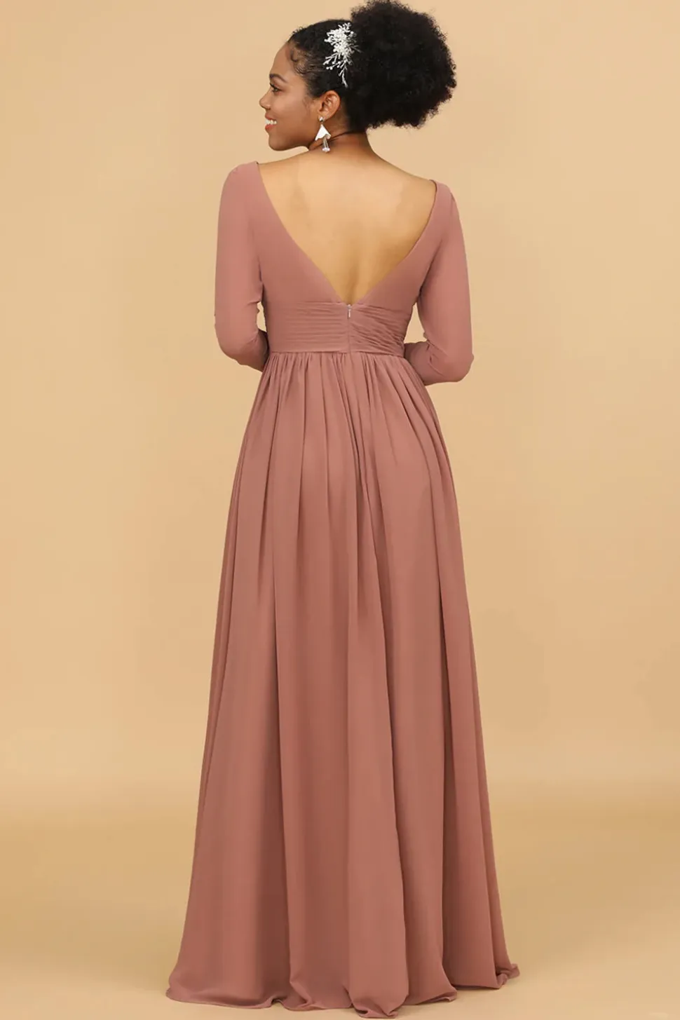 Mangas Compridas Vestido de Dama de Honra Rosa