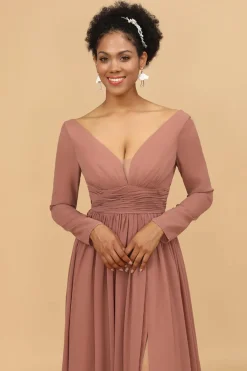 Mangas Compridas Vestido de Dama de Honra Rosa