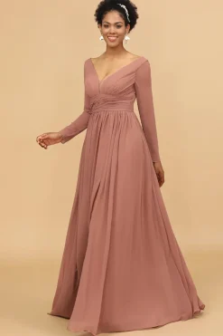 Mangas Compridas Vestido de Dama de Honra Rosa