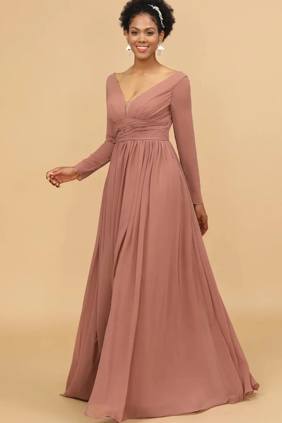 Mangas Compridas Vestido de Dama de Honra Rosa