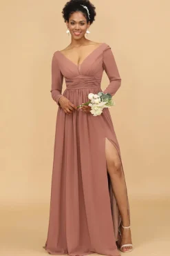 Mangas Compridas Vestido de Dama de Honra Rosa
