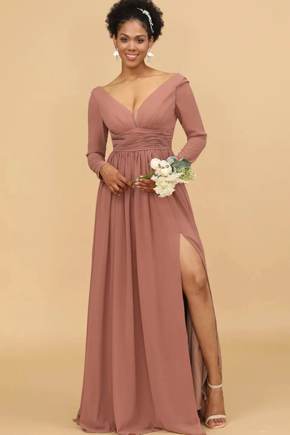Mangas Compridas Vestido de Dama de Honra Rosa