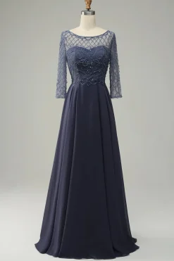 Mangas Compridas Vestido de Mãe do Noiva Cinza Azul