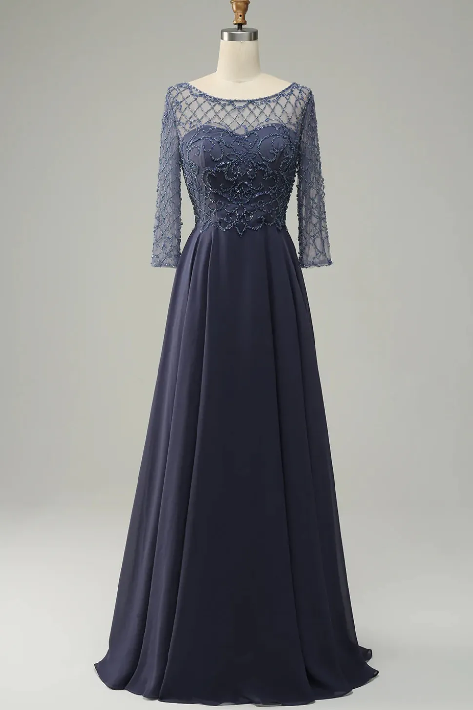 Mangas Compridas Vestido de Mãe do Noiva Cinza Azul