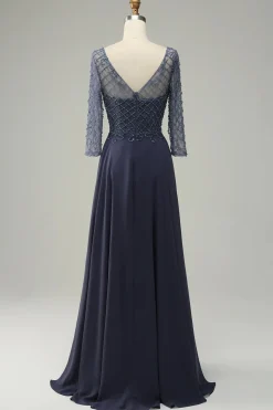 Mangas Compridas Vestido de Mãe do Noiva Cinza Azul
