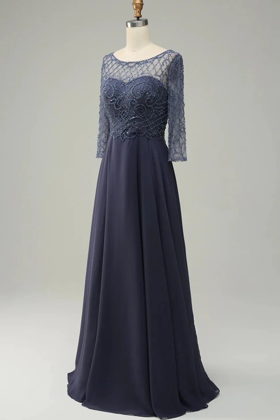 Mangas Compridas Vestido de Mãe do Noiva Cinza Azul