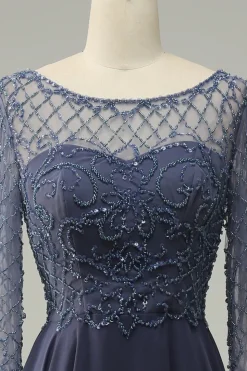 Mangas Compridas Vestido de Mãe do Noiva Cinza Azul