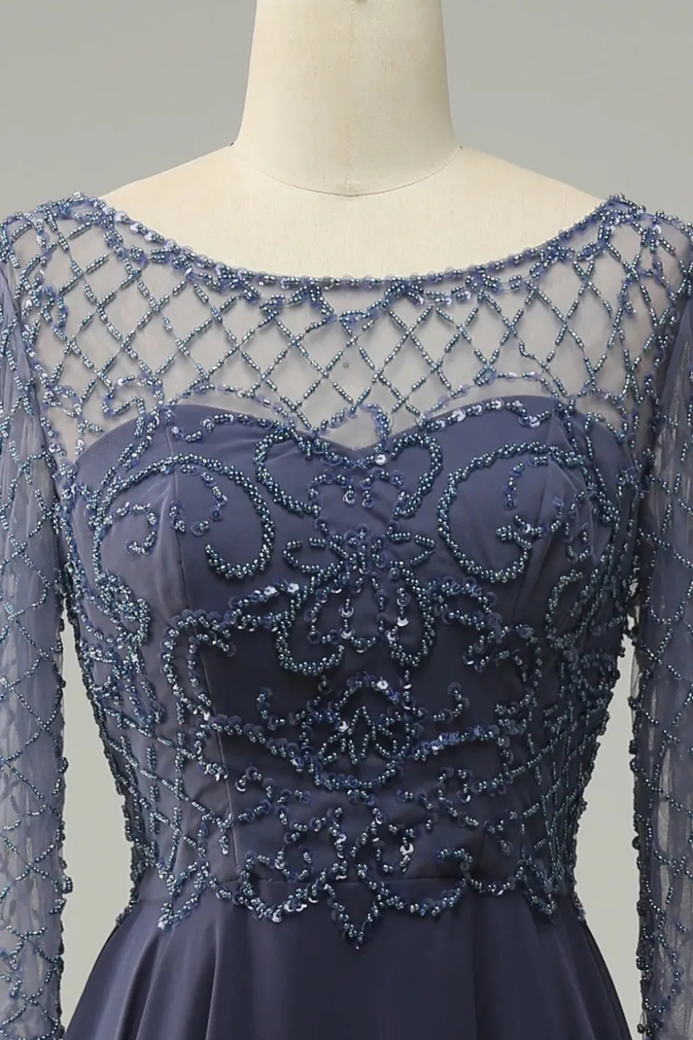 Mangas Compridas Vestido de Mãe do Noiva Cinza Azul