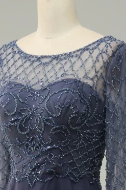 Mangas Compridas Vestido de Mãe do Noiva Cinza Azul