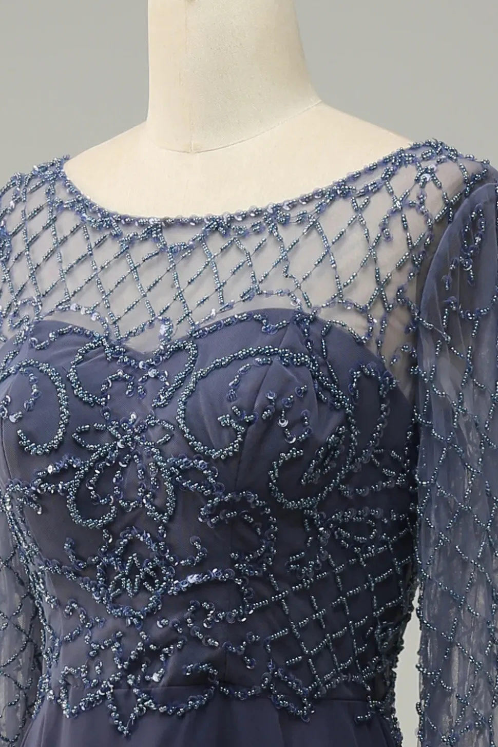 Mangas Compridas Vestido de Mãe do Noiva Cinza Azul