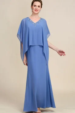 Mangas de Batwing Azul Vestido Mãe de Noiva