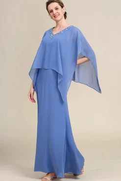 Mangas de Batwing Azul Vestido Mãe de Noiva