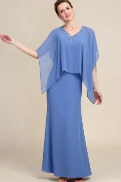 Mangas de Batwing Azul Vestido Mãe de Noiva