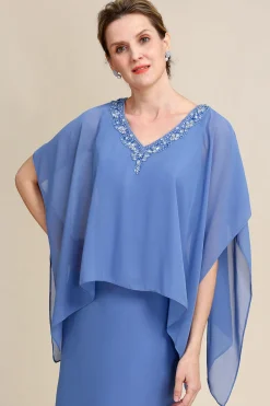 Mangas de Batwing Azul Vestido Mãe de Noiva