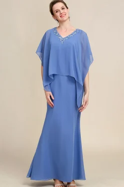 Mangas de Batwing Azul Vestido Mãe de Noiva