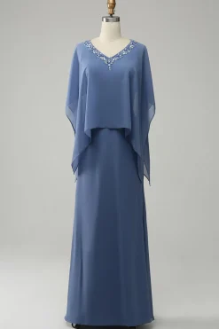 Mangas de Batwing Azul Vestido Mãe de Noiva