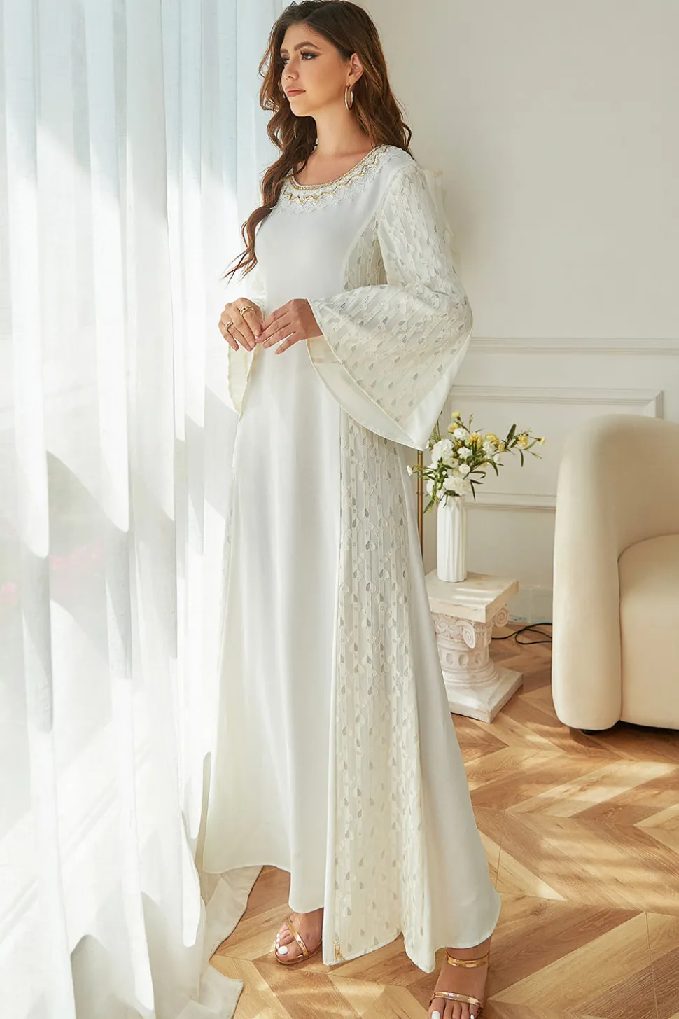 Mangas de flare branco mãe do vestido de noiva com renda