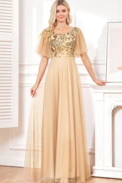 Mangas de Morcego Uma Linha Tule Champagne Vestido Formal com Sequins