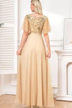 Mangas de Morcego Uma Linha Tule Champagne Vestido Formal com Sequins