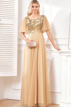 Mangas de Morcego Uma Linha Tule Champagne Vestido Formal com Sequins