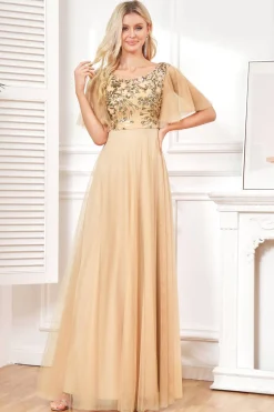 Mangas de Morcego Uma Linha Tule Champagne Vestido Formal com Sequins