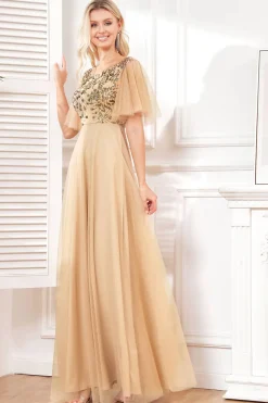 Mangas de Morcego Uma Linha Tule Champagne Vestido Formal com Sequins