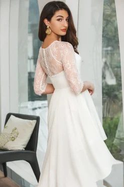 Mangas de renda branca simples alto baixo vestido de graduação