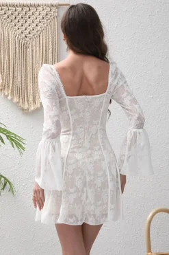 Mangas Longas Bodycon Pescoço Quadrado Renda Vestido Branco Pequeno