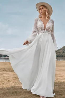 Mangas Longas Marfim Uma Linha Vestido de Noiva com Renda