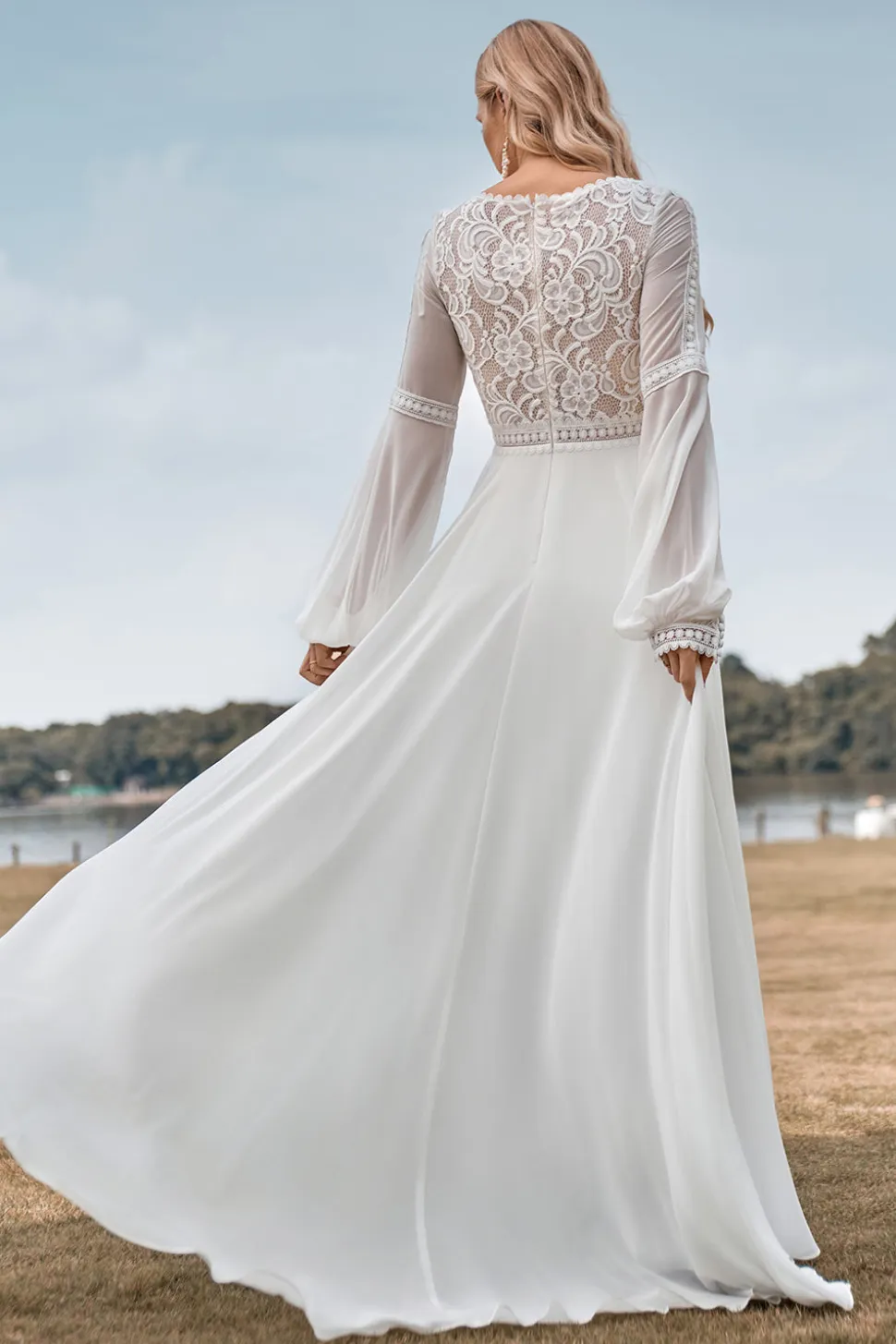 Mangas Longas Marfim Uma Linha Vestido de Noiva com Renda