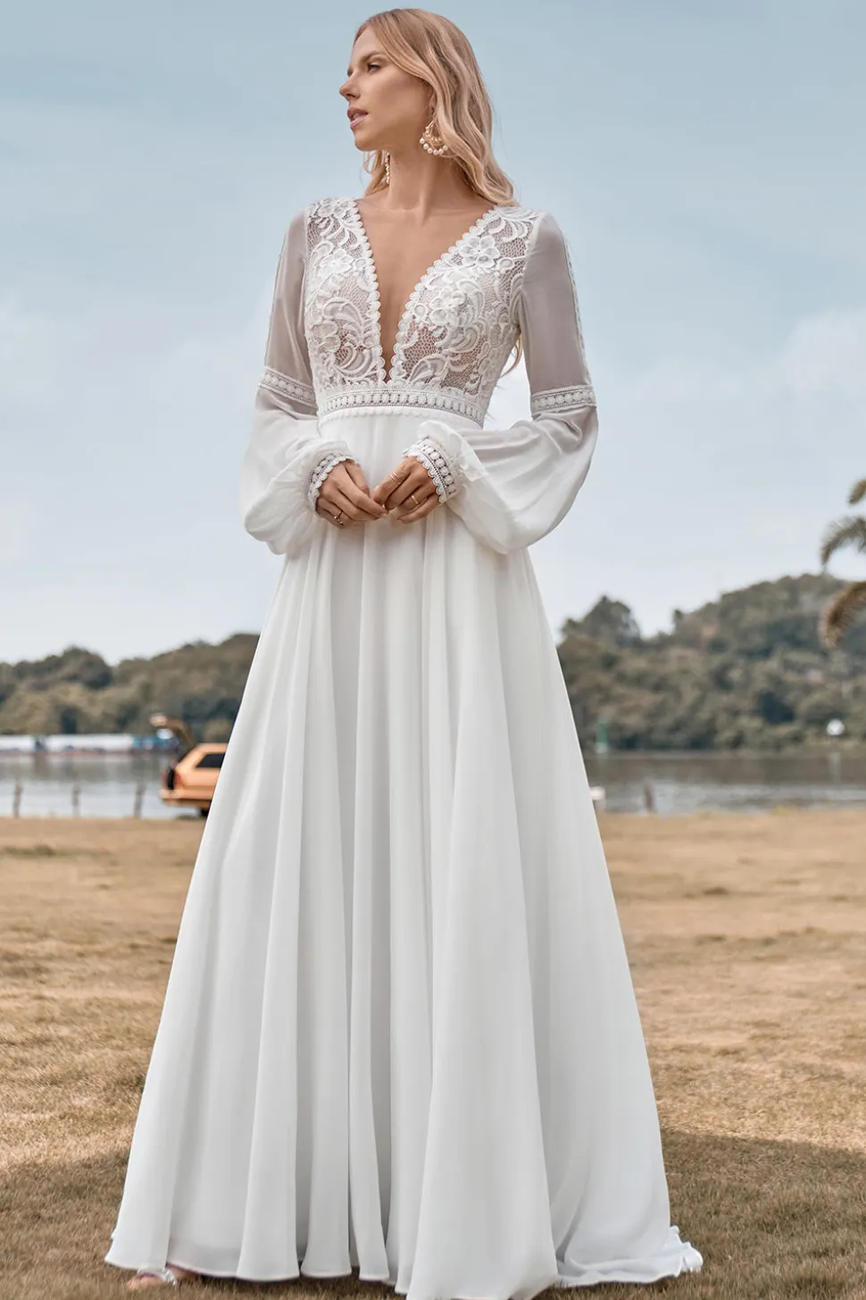 Mangas Longas Marfim Uma Linha Vestido de Noiva com Renda